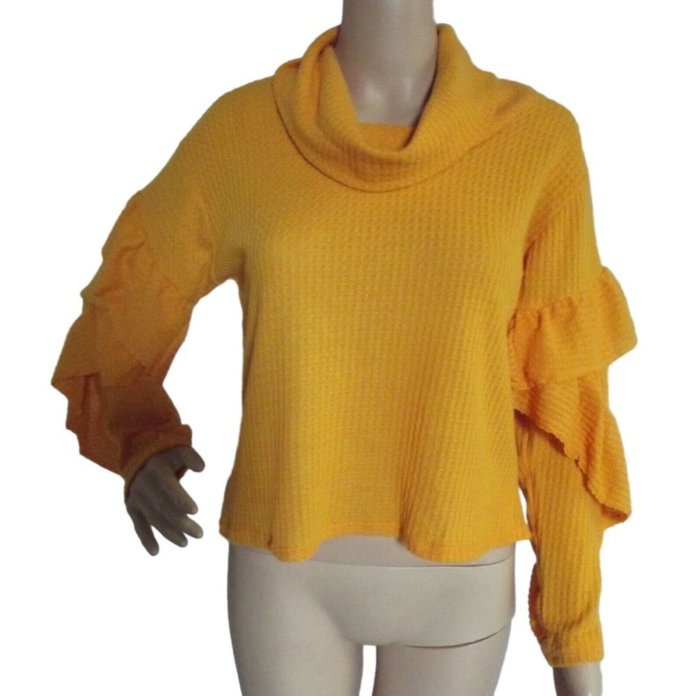 Hearts&Hips Small Gold Soft&Cozy Plush Cowl Neck Pullover Sweater waffle texture